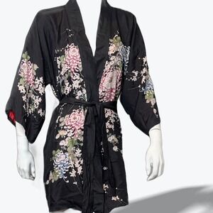 Vintage Japanese Silk Kimono Robe Black Floral Red Lined Belted